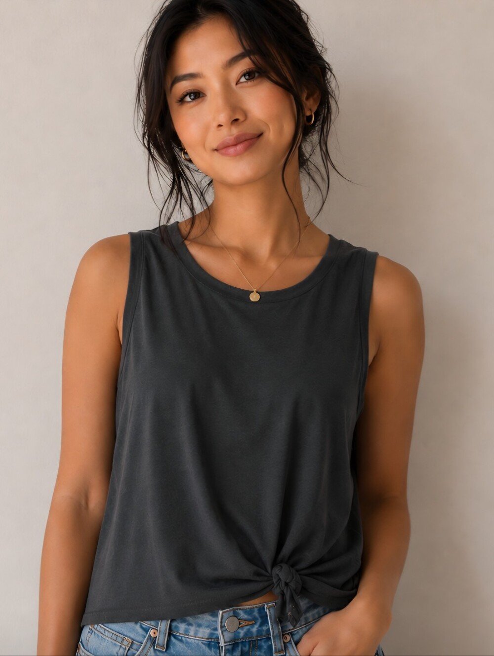 Olivia Grey-Women’s Black Twist-Front Tank Top Size L NWT